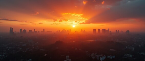 Obraz premium Sunset over a city skyline, blending orange and gold hues with silhouetted urban structures.