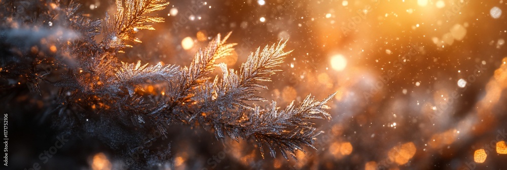 Poster close-up of a frost-covered pine branch with bokeh lights, conveying a winter wonderland ambiance.