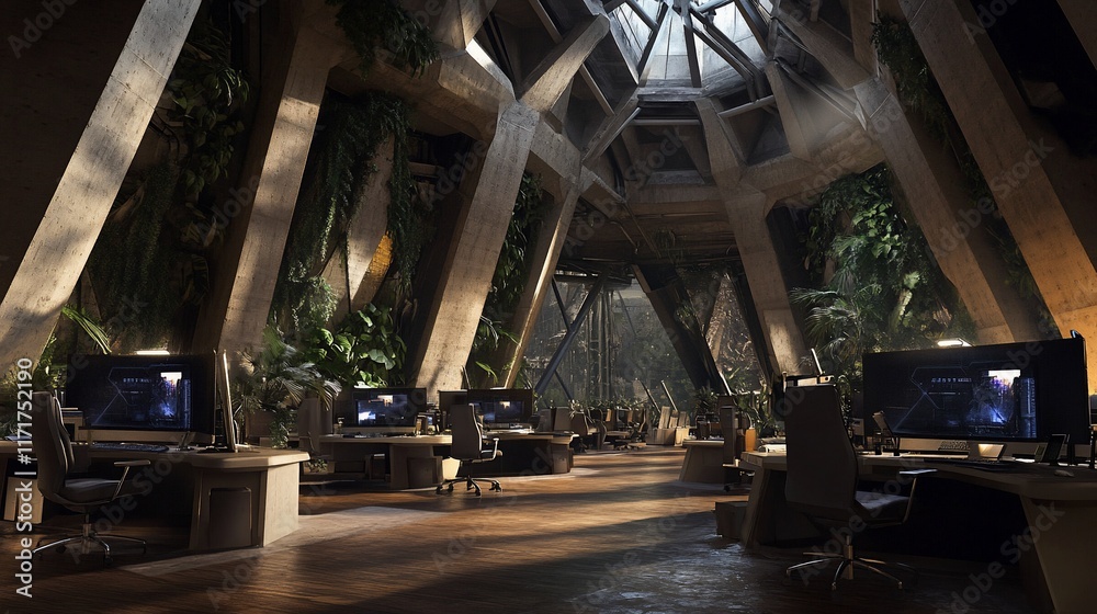 Poster futuristic, indoor workspace with lush greenery and high-tech computers.