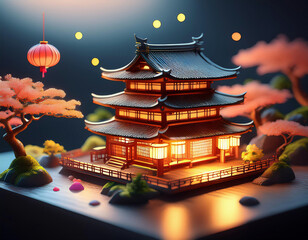 Fototapeta premium A luminous Japanese pagoda temple glows warmly against a twilight sky with floating lanterns and cherry blossoms in a detailed 3D illustration.