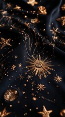 intricate golden beaded stars and celestial designs embroidered on dark purple velvet fabric, fine metallic detailing, shimmering in soft light, luxurious and regal,