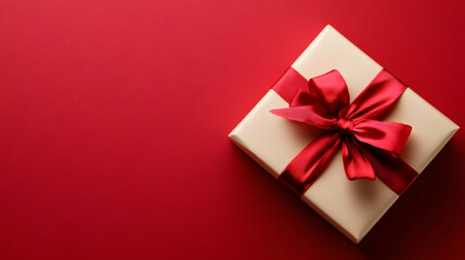 Fototapeta premium Beige gift box with red ribbon bow on red background, celebrating Valentine's Day with a special present