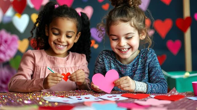 Children celebrate creativity and friendship while making heartfelt crafts during a fun art session