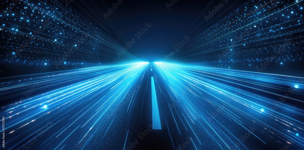Poster Blue light beams speed along a road with digital lines and glowing dots, representing fast data transfer or internet connection, emphasizing business innovation and cyber security