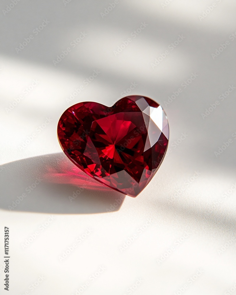 Aufkleber A heart-shaped ruby gemstone rests on a white surface, illuminated by soft light, casting a subtle shadow.