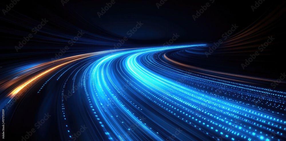 Poster An abstract blue light speed trail background with glowing dots, representing a technology concept for internet and data transfer speed, ideal for tech-themed designs or digital presentations