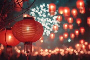 Red lanterns and fireworks light up the night during Chinese New Year, creating a vibrant festive atmosphere, bustling street market full of celebrants, ideal for cultural designs or festive promotion