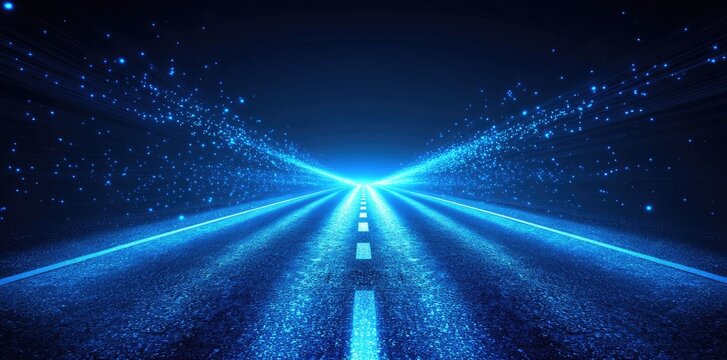 A blue road with glowing lights symbolizes the journey of digital transformation, set against a dark background to highlight the light beams. Ideal for digital marketing designs