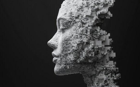 An abstract female face made of gray pixels isolated on a black background, representing an artificial intelligence concept. The AI head in the form of computer code features a digital texture