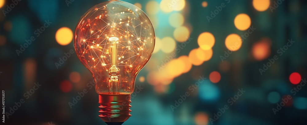 Poster glowing light bulb with network connections against a bokeh city backdrop.