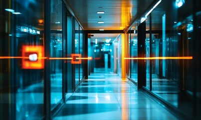 Fototapeta premium Neon-lit corridor, glass walls, shiny floor.