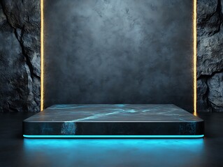 Illuminated Marble Platform Against Dark Rock Wall