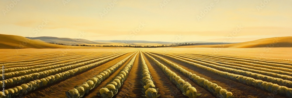 Poster golden hour sunlight illuminates rows of crops in a vast agricultural field.