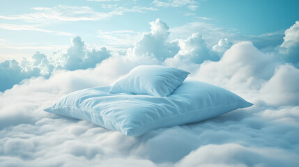 Blue bed pillow and bedsheets floating on sky with clouds. comfortable cozy bedroom space, beautiful bedtime night rest dream, soft dreamlike relaxing sleep or nap, high, fluffy, furniture.