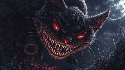 Terrifying dark fantasy illustration of an evil cat with glowing red eyes and a sinister grin under a moonlit sky