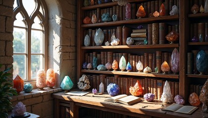 Sunlit library corner adorned with vibrant crystals and vintage books