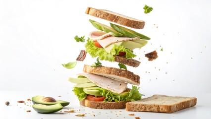 Creative deconstructed sandwich showcasing fresh ingredients floating in mid-air above whole grain bread slices