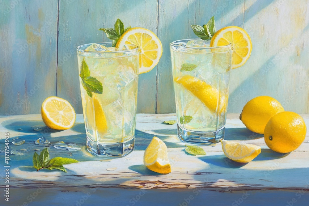 Poster two glasses of refreshing lemonade with ice and lemon slices, garnished with mint leaves, on a rusti