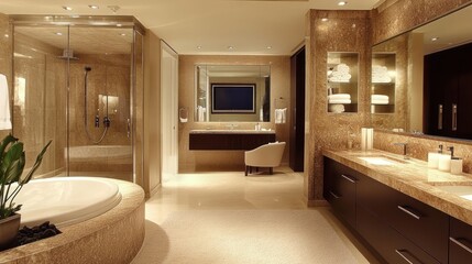 Fototapeta premium Luxurious ensuite bathroom, marble, city view, relaxation, real estate