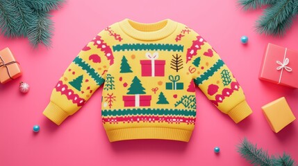 A Christmas sweater design for kids, featuring colorful patterns on a pastel background.