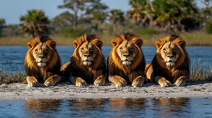 Four majestic male lions resting together by a tranquil river in the African savanna.