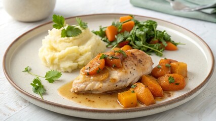 Simple elegance presented in a minimalist apricot chicken plate featuring creamy mashed potatoes and vibrant sides