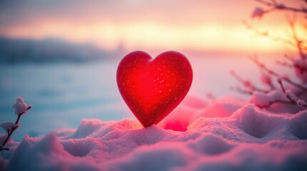 Fototapeta premium Vermilion-red heart, gently glowing with a soft, ethereal pulse, situated against a tranquil, snow-encrusted winter landscape.