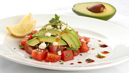 Minimalist salad creation featuring fresh ingredients on a simple white plate with vibrant colors and elegant presentation
