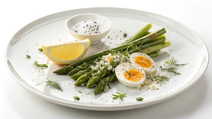 Minimalist salad featuring fresh asparagus and soft-boiled eggs surrounded by vibrant herbs on a sleek white plate