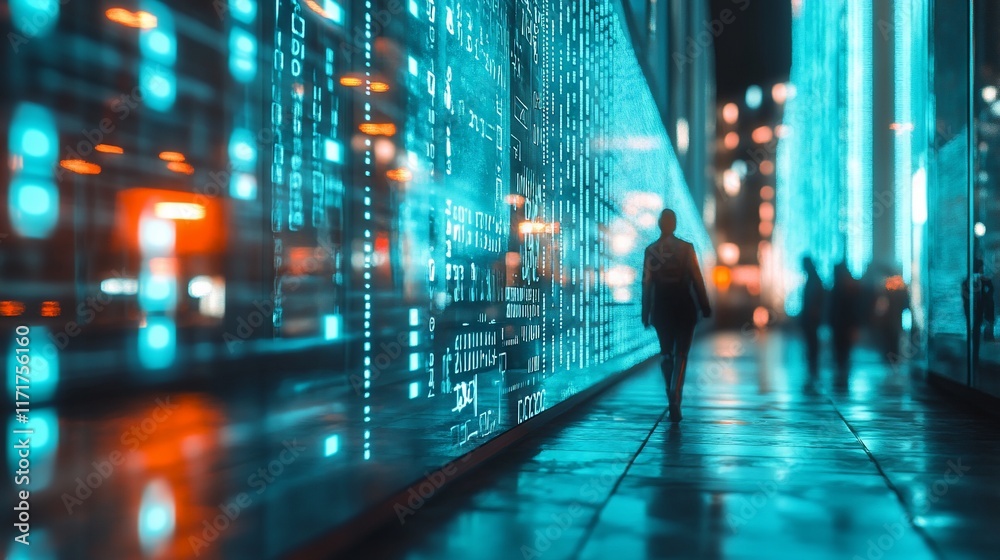 Poster person walking past a large digital screen displaying data at night in a city.