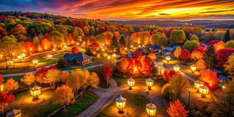 Aerial drone footage captures breathtaking autumn foliage illuminated by a mesmerizing lantern festival.