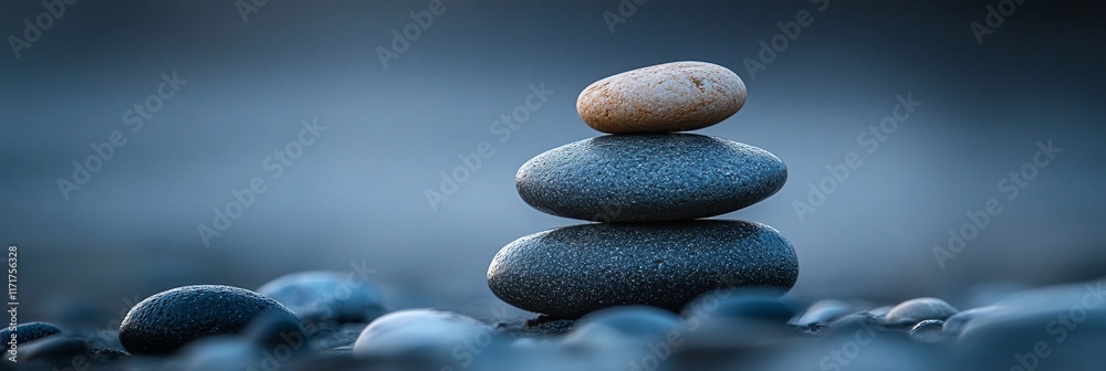 Poster three smooth stones balanced on top of each other, resting on a bed of pebbles.