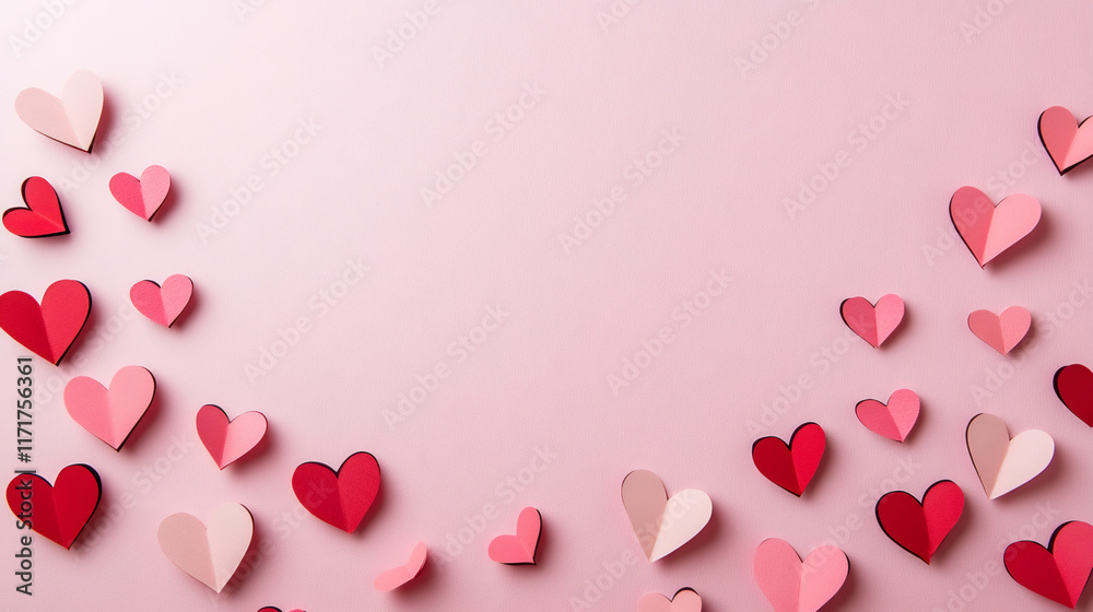 Poster pink and red paper hearts creating a romantic frame on a pink background for valentine's day