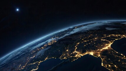 Obraz premium Night planet earth from space with light lines of communication and connection. Business and finance, concept. Global communications system and the World Wide Web. Technologies and communications. 