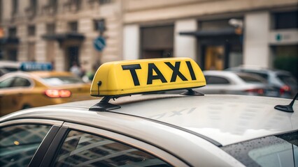 Taxi cab with a lit-up TAXI sign on the roof against the background of city streets, traffic. Сlose-up of a yellow taxi sign on top of a car, with raindrops on the vehicle and blurred city