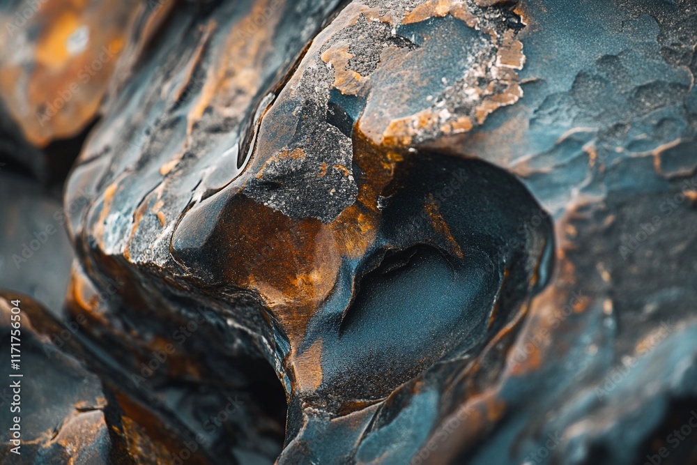 Poster close-up of dark, textured rock formations with orange and blue hues, showing intricate details and 