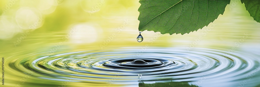 Poster Water droplet falling from a leaf onto a still pond, creating concentric ripples.