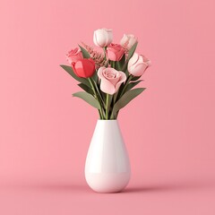 Obraz premium Valentine's Day Romantic Pink and Red Roses and Tulips in White Vase Spring Floral Arrangement
