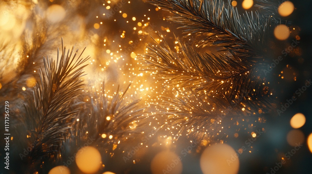 Poster Glowing golden bokeh lights sparkle amidst pine branches, creating a magical winter scene.