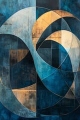 Fototapeta premium Abstract painting, curved shapes, blue, gold tones.