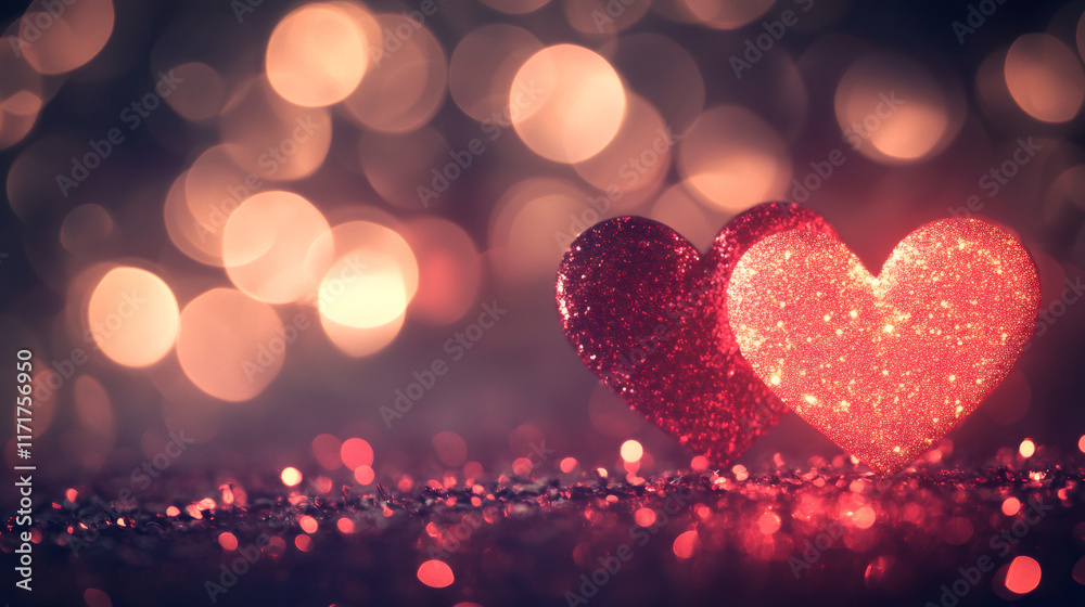 Aufkleber Two red glittering hearts stand on a sparkling surface, creating a romantic Valentine's Day scene with a warm bokeh background