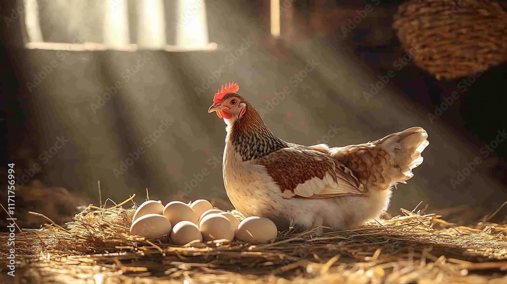 Poster a hen sits proudly on a nest of fresh eggs in a rustic barn, sunbeams illuminating the scene.