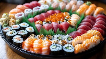 Delicious sushi platter with various types of fish, rice, and rolls.