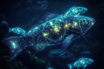 Fototapeta premium Bioluminescent fish with intricate patterns resembling celestial constellations, their bodies glowing softly in deep ocean trenches.
