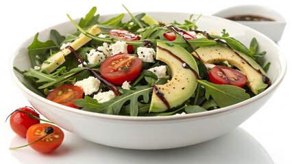 Vibrant arugula salad bowl adorned with colorful cherry tomatoes and creamy feta, perfect for a fresh summer meal