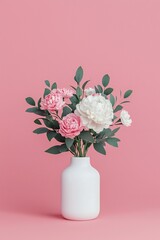 Fototapeta premium Valentine's Day Elegant Pink and White Peonies in a Modern White Vase against a Pink Background