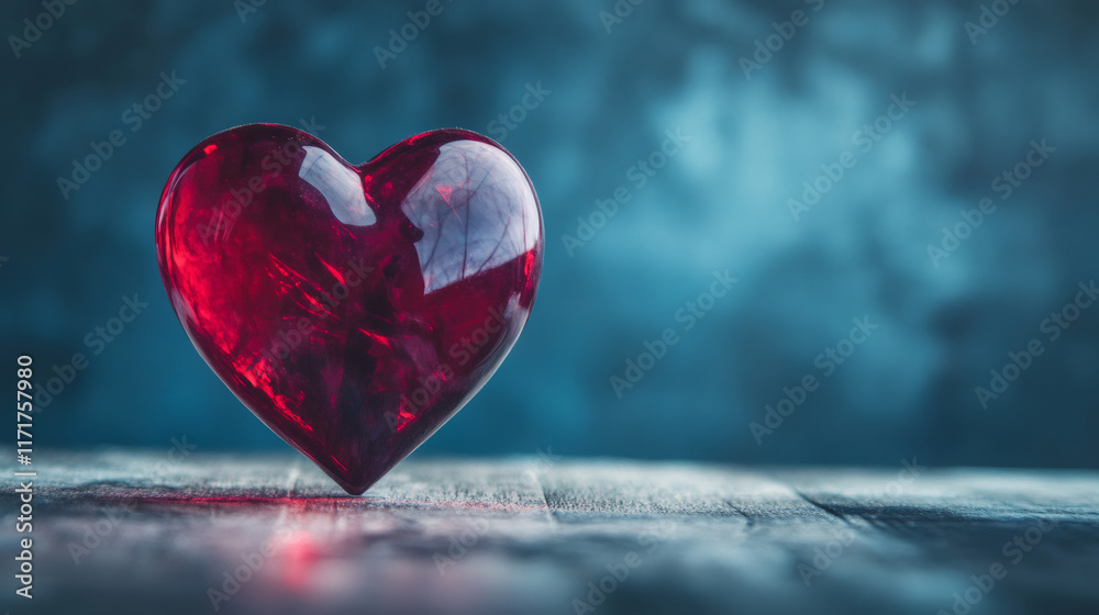 Aufkleber glossy ruby crystal heart resting on rustic wooden surface, blue backdrop highlighting romantic symb