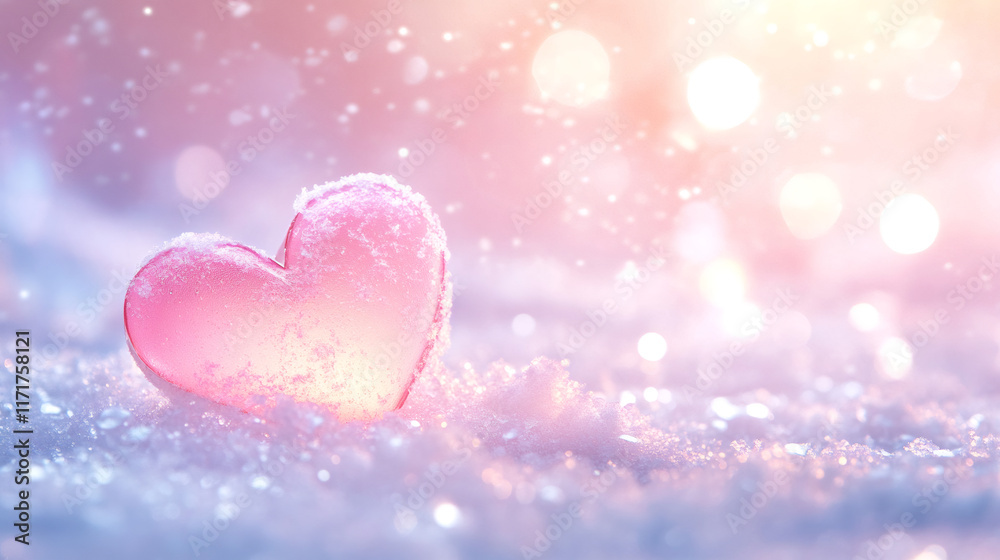 Poster romantic pink frosted heart melting snow on valentine's day with beautiful bokeh effect in the backg