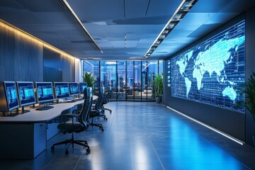 Fototapeta premium Modern control room, global data display, city view.