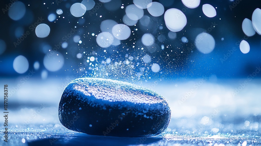 Aufkleber close-up of a dark, smooth stone covered in frost, with bokeh and water droplets in motion.